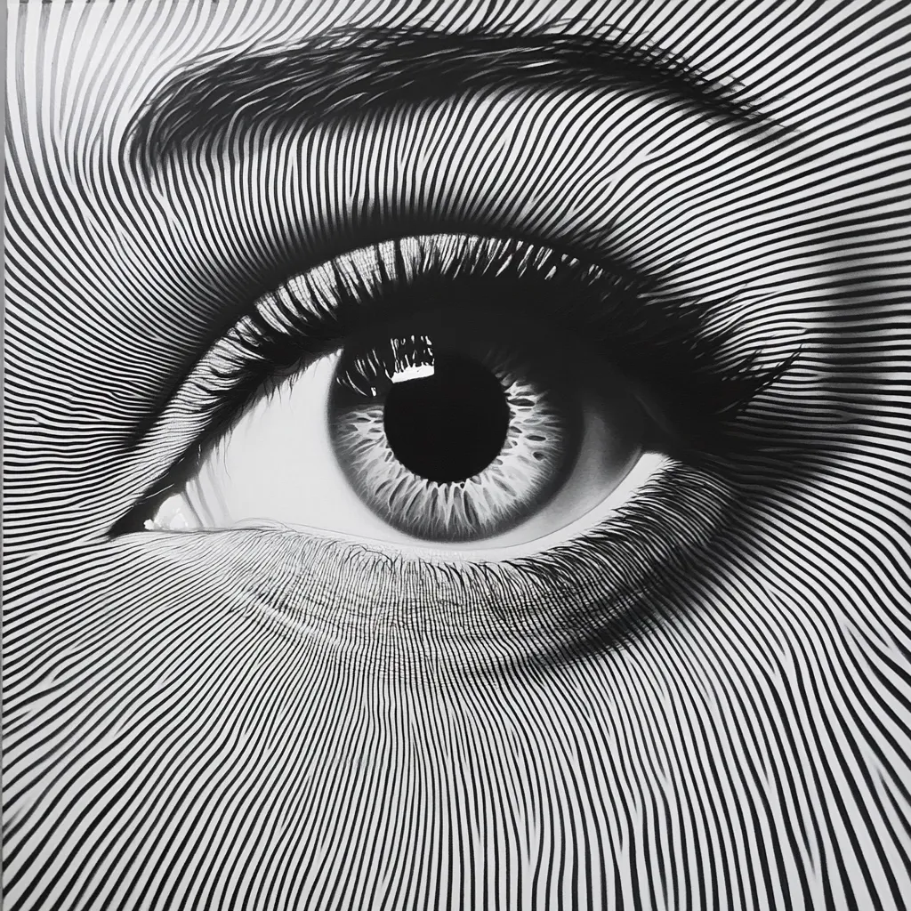A striking black and white close-up of an eye.  The image is rendered in a style reminiscent of op art, with radiating lines emanating from the eye, creating a mesmerizing effect. The detail in the eyelashes and the iris is meticulously rendered, contrasting with the bold graphic lines of the surrounding skin.  The overall effect is one of intense focus and visual depth.