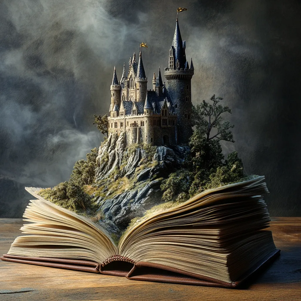 A majestic stone castle sits atop a verdant hill rising from the pages of an open, antique book.  Misty clouds swirl around the castle, adding to its mystical ambiance.  The scene is dramatically lit, creating a captivating image that blends fantasy and reality, suggesting the power of stories to transport us to other worlds.  The book rests on a dark wooden surface.