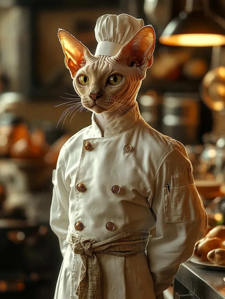 A Sphynx cat, dressed in a chef's uniform, stands in a dimly lit kitchen.  The cat wears a pristine white jacket with gold buttons and a taupe sash, and a white chef's hat sits atop its head.  Its expression is serious and attentive, suggesting a professional demeanor.  The background is blurred, showcasing a warm, bakery-like setting with warm lighting and hints of baked goods.