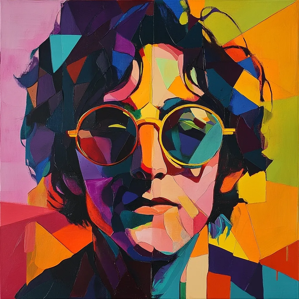 A vibrant, stylized portrait of a person, possibly John Lennon, is rendered in bold, geometric shapes and contrasting colors.  The subject wears round sunglasses, and their dark hair is depicted with a fractured, cubist approach.  The painting uses a limited palette of bright hues, creating a powerful and expressive image.  The artist utilizes impasto techniques to add texture and depth.