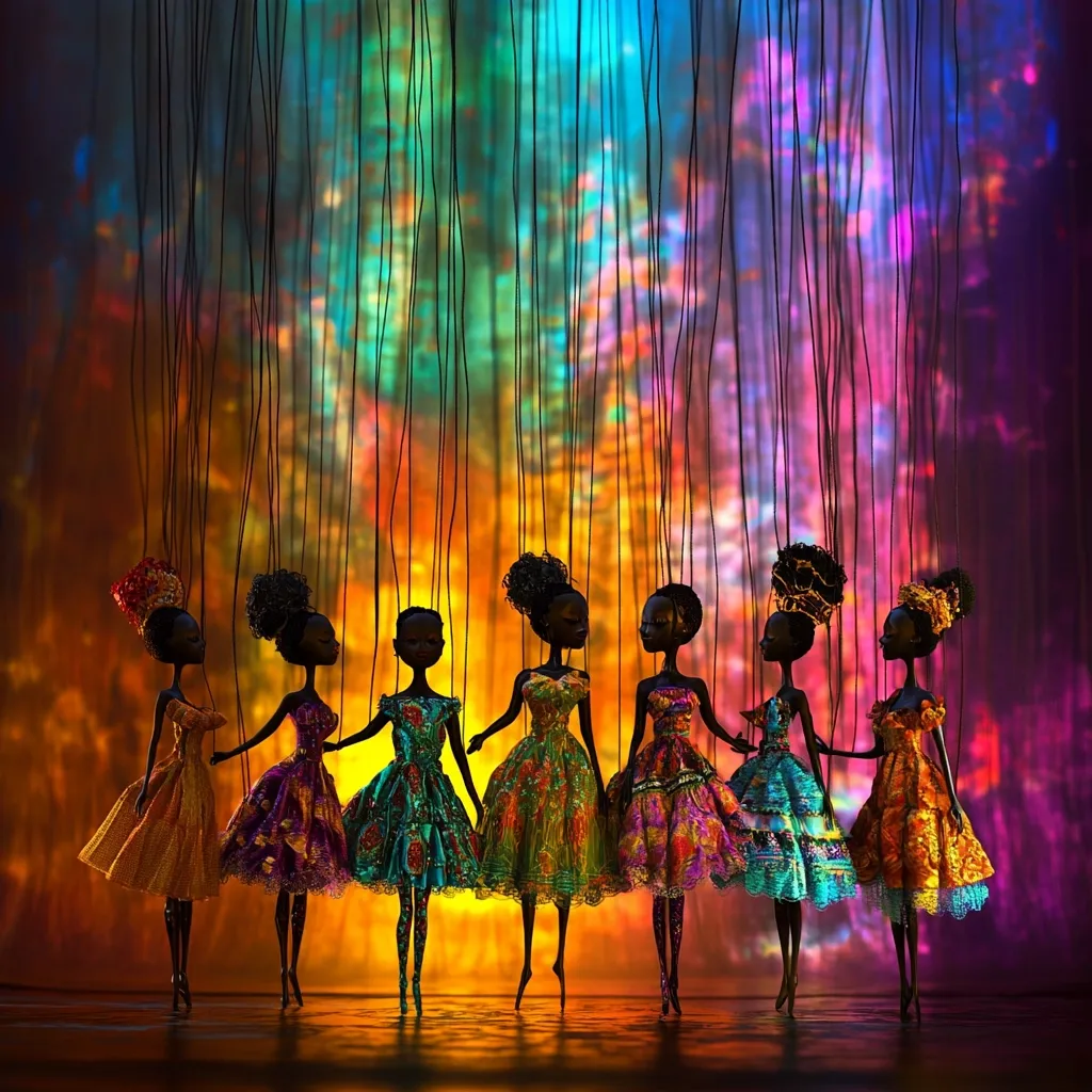 Seven marionette dolls, with dark skin and vibrant dresses, are suspended against a colorful, blurred backdrop.  Each doll is uniquely adorned, showcasing diverse headdresses and patterned garments. The strings are visible, emphasizing their puppet nature.  The overall effect is a striking juxtaposition of traditional craft and contemporary art, creating a visually captivating image.