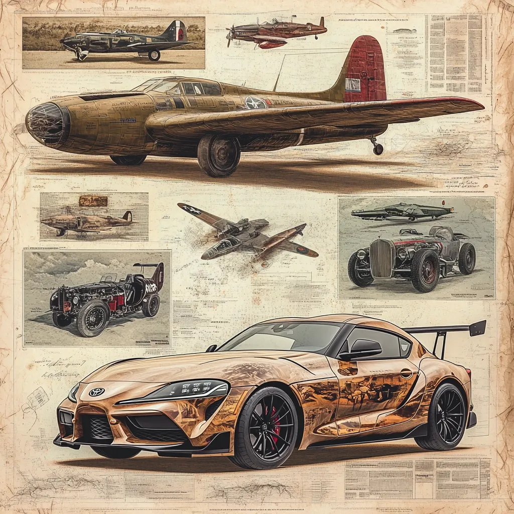 A captivating collage showcases a bronze Toyota GR Supra alongside vintage aircraft and automobiles.  The background features technical drawings and faded newspaper-style text, creating a nostalgic atmosphere.  The planes include a North American B-25 Mitchell and other WWII-era designs, while the cars represent classic hotrods. The overall aesthetic blends modern automotive design with historical aviation and automotive imagery.
