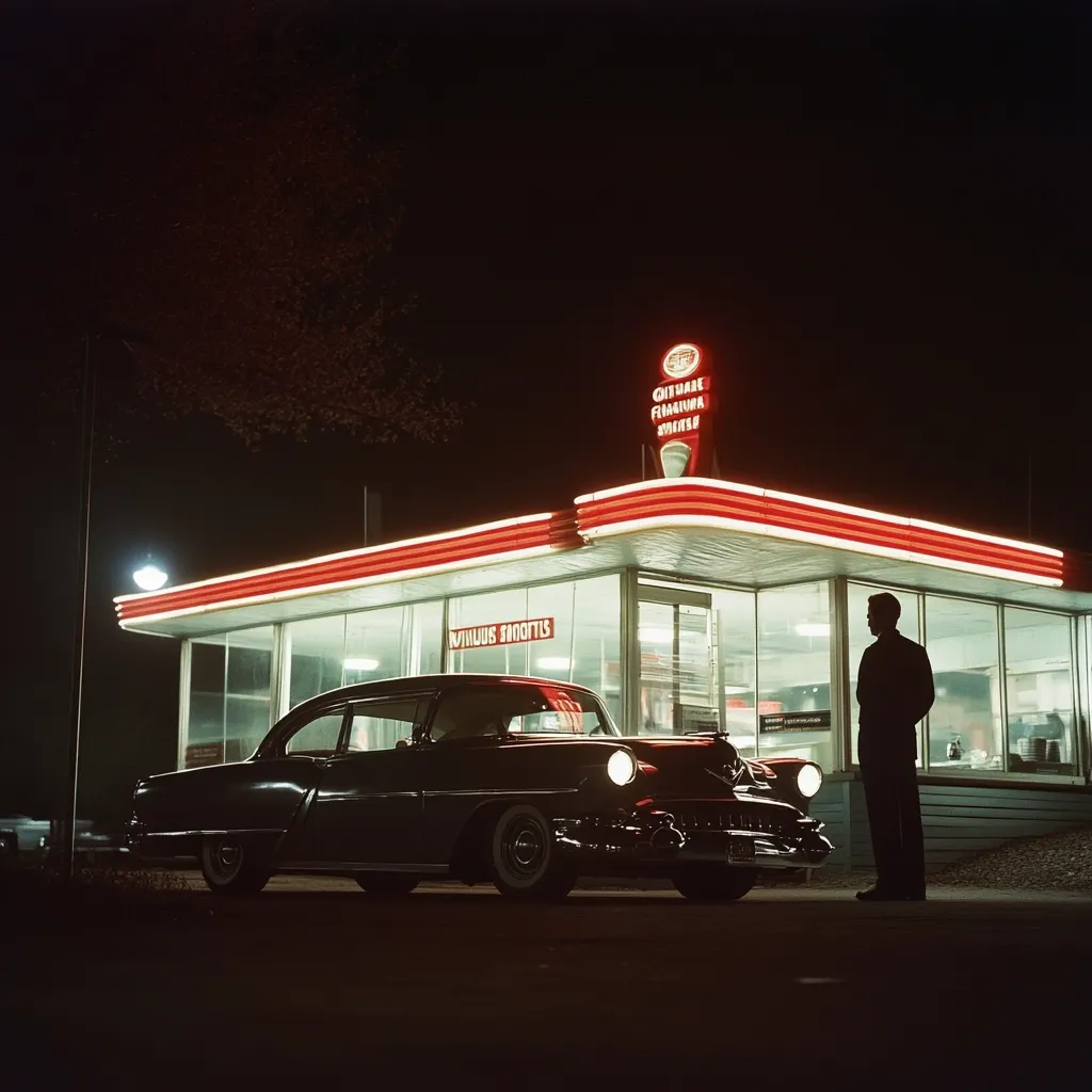 A classic car, possibly a 1950s model, is parked at night outside a brightly lit ice cream parlor.  The building features red neon trim and a sign advertising "Outhouse Finlandia Swirls." A man in a dark suit stands near the car, creating a nostalgic, atmospheric scene reminiscent of Americana in the mid-20th century. The image is dark, emphasizing the neon lights and the car's sleek design.
