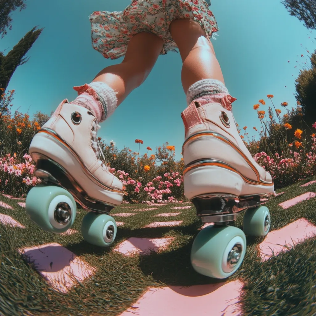 A low-angle, fisheye shot captures a person roller skating in a vibrant garden.  They wear a floral dress and pastel pink roller skates with mint green wheels. The sunny scene is filled with colorful flowers and a pink-tiled pathway, creating a whimsical, retro aesthetic.  The focus is on the skates and the joyful motion of skating.