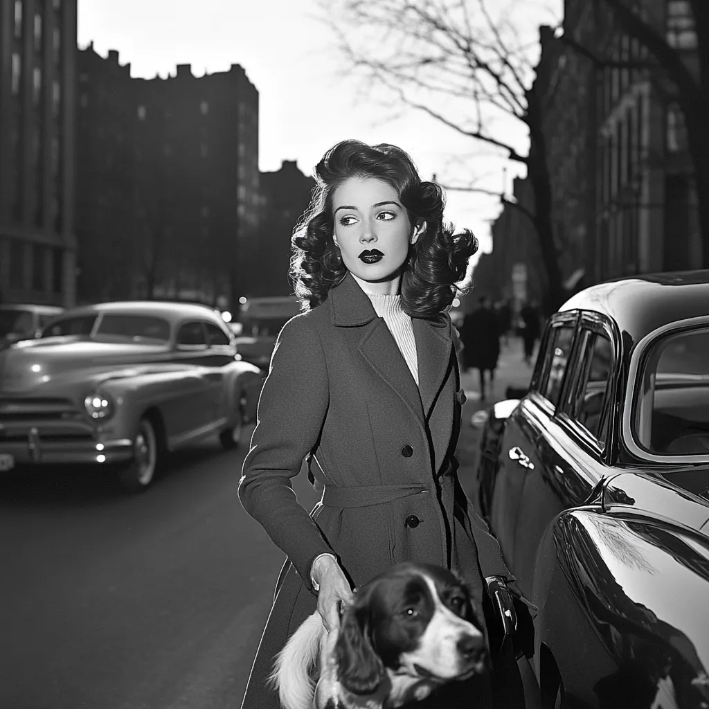 A stylish woman with voluminous dark hair, wearing a belted coat, stands on a city street next to a vintage car. She holds a spaniel-type dog by its collar.  The black and white photograph evokes a classic Hollywood glamour aesthetic, with the background blurred to focus on the woman and her pet. The scene is bathed in sunlight, creating strong contrasts.
