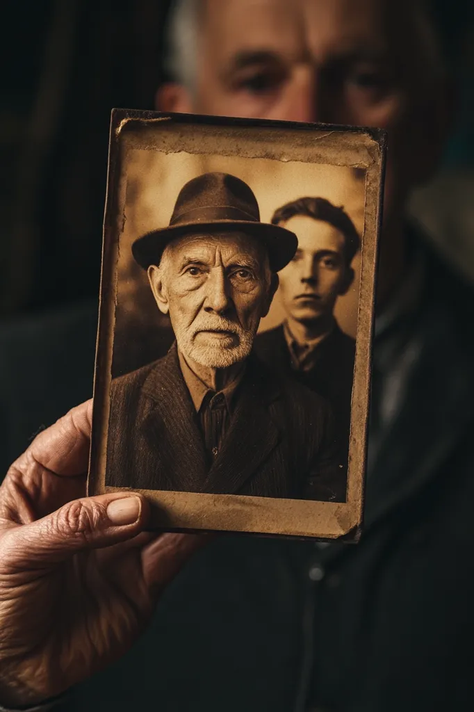 An elderly man holds a sepia-toned photograph depicting an older man in a hat and a younger man standing behind him.  The photo is worn and aged, reflecting a past era. The current holder's face is blurred in the background, creating a poignant juxtaposition between past and present, memory and reality.  The image evokes a sense of nostalgia and familial connection across generations.