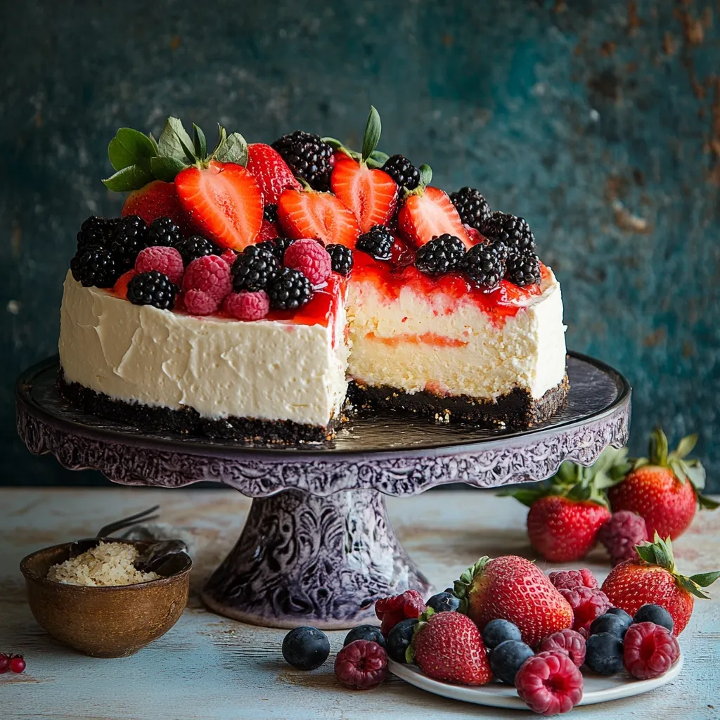A creamy cheesecake, adorned with a vibrant array of fresh berries – strawberries, raspberries, and blackberries – sits on an ornate cake stand.  A slice has been removed, revealing a layered interior.  More berries are scattered around the base, adding to the dessert's luscious appeal. The scene is set against a rustic, teal backdrop.