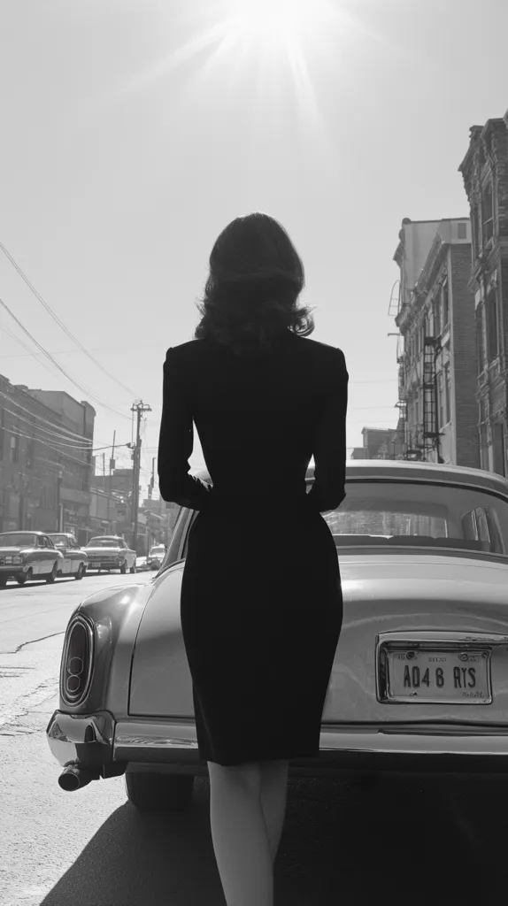 A woman in a black dress stands with her back to the camera, beside a classic car parked on a city street.  The scene is in black and white, bathed in sunlight.  The woman's dark hair is visible, and the car's license plate is partially visible.  Older buildings line the street in the background.  The overall mood is stylish and evocative of a bygone era.