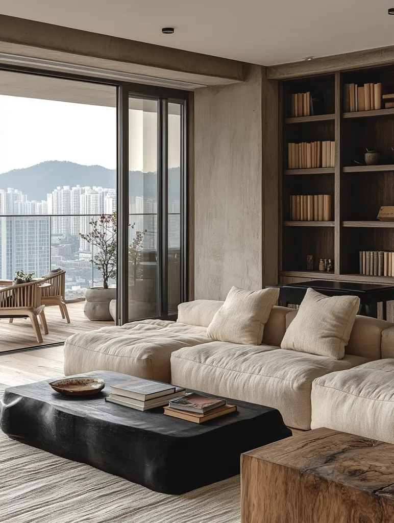 A minimalist living room features a low-slung, beige sectional sofa facing large sliding glass doors with a city view.  A dark, organic-shaped coffee table holds books.  A rustic wooden side table and a built-in bookcase filled with books complete the space, creating a serene and sophisticated atmosphere. Natural light streams in, highlighting the neutral color palette and textured surfaces.