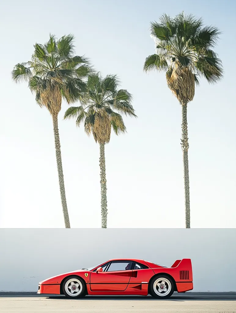 A vibrant red Ferrari F40 sports car is parked against a white wall, framed by three tall palm trees under a clear sky.  The contrast between the sleek, iconic car and the tranquil, sunny backdrop creates a striking image, evoking feelings of luxury and escape. The scene suggests a Californian setting, emphasizing the car's elegance against a simple yet sophisticated background.