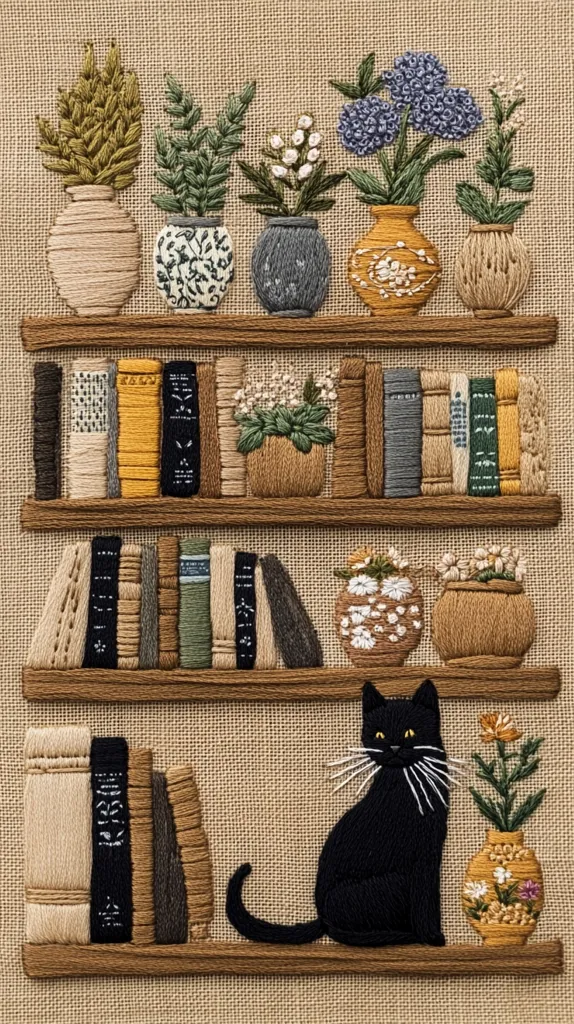 A charming needlepoint artwork depicts a cozy bookshelf scene. Three shelves hold numerous embroidered books, interspersed with small potted plants in varying styles.  Atop the shelves, more plants in decorative pots add to the serene atmosphere. A black cat sits on the bottom shelf, adding a touch of whimsical charm to the meticulously crafted piece. The overall palette is warm and earthy, creating a sense of quiet domesticity.