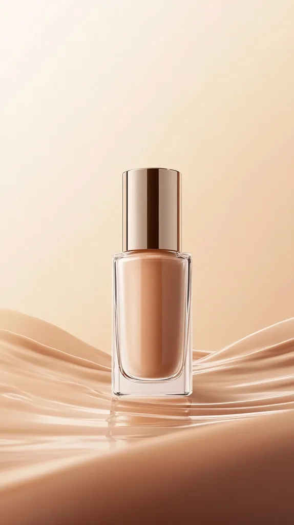 A bottle of liquid foundation sits on a wave of foundation, creating a luxurious and elegant display. The bottle is rectangular with a rose gold cap and a clear glass body, showcasing the light beige liquid inside. The background is a soft, warm beige, enhancing the product's smooth texture and sophisticated appearance.  The image is clean and minimalist, emphasizing the beauty of the product.