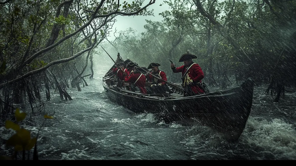 A longboat carrying soldiers in red coats navigates a rain-swept mangrove swamp.  The soldiers, armed with muskets, are drenched as their vessel cuts through choppy water.  Dark, overhanging trees and heavy rain create a dramatic, almost menacing atmosphere. The scene suggests a military operation or covert mission in challenging conditions.