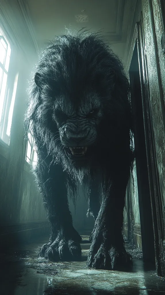 A menacing, dark-furred creature resembling a lion or werewolf stands in a dimly lit, decaying hallway.  Its massive paws and snarling face fill the frame, creating a sense of impending threat. The creature's presence dominates the dilapidated architecture, suggesting a supernatural or monstrous element within the setting.  A foreboding atmosphere is created by the low light and the creature's menacing posture.