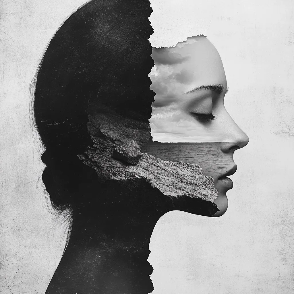 A monochromatic, surreal portrait depicts a woman's face in profile.  Her features are partially obscured, replaced by a landscape of craggy rocks and a calm sea under a cloudy sky. The image suggests a merging of inner and outer worlds, the woman's interior revealed as a powerful and serene natural scene.  The textured background enhances the piece's artistic and dreamlike quality.