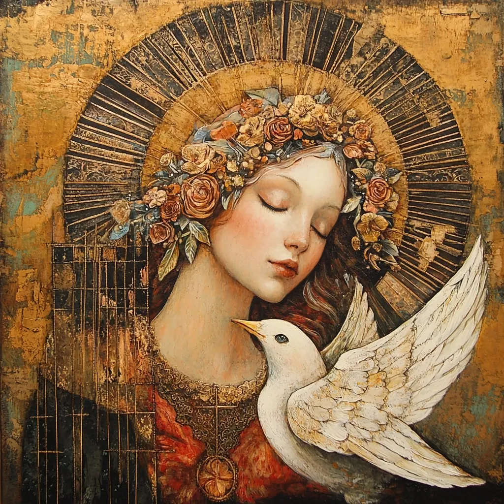 A serene young woman, adorned with a floral crown, rests her eyes peacefully.  A white dove, symbol of peace, rests gently against her. The artwork is richly textured, with gold leaf accents creating a halo effect around her head. The background features a mix of gold, dark browns, and hints of teal, adding depth and complexity to the ethereal scene.  The overall style is reminiscent of classical religious iconography with a modern, painterly twist.