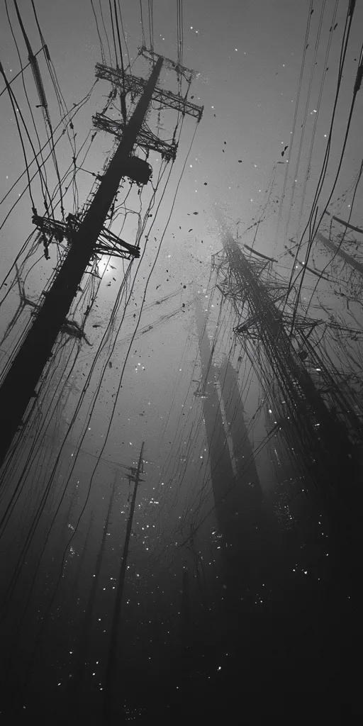 A monochrome image depicts a low-angle view of numerous tall, slender utility poles stretching towards a hazy sky.  The poles are densely clustered, their silhouettes stark against a backdrop of faint, light specks possibly representing snow or rain.  The scene evokes a sense of mystery and urban decay, with an overall dark and atmospheric mood.  The tangled network of wires adds to the complex and somewhat foreboding ambiance.