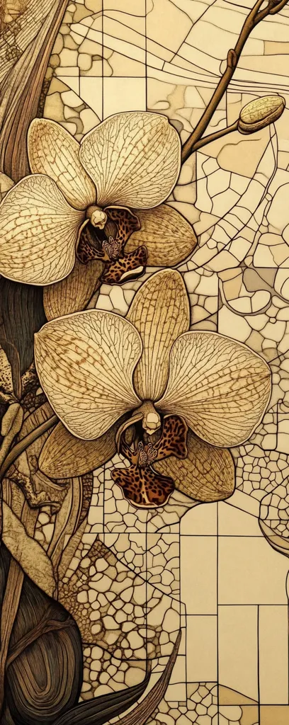 A detailed illustration showcases two intricately rendered orchids in sepia tones.  Their delicate petals and central structures are depicted with fine lines, emphasizing their texture. The orchids are set against a background of a cracked or stained-glass-like pattern in beige and brown hues, creating a visually striking contrast and a sense of depth.  The overall style is reminiscent of botanical illustration with Art Nouveau influences.