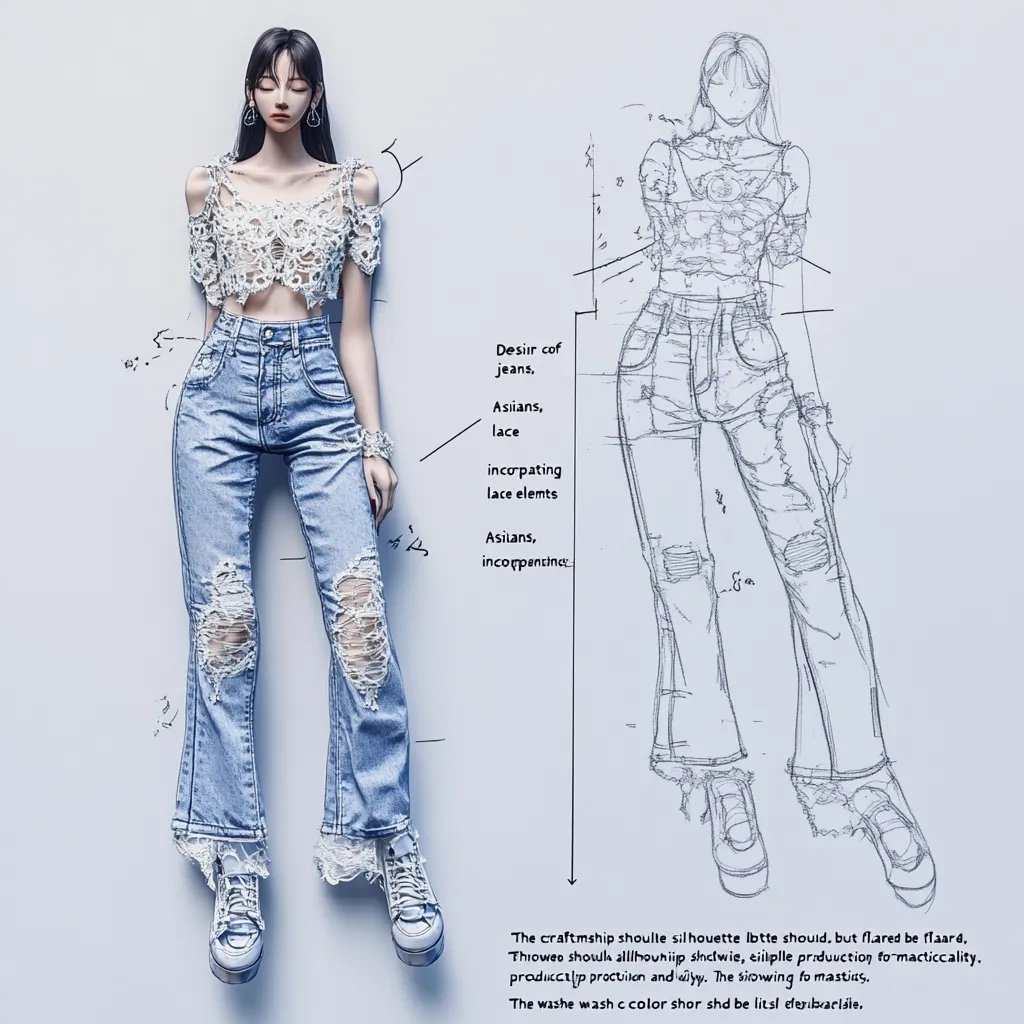 A fashion photograph shows a model wearing distressed light-wash jeans and a white lace crop top.  Beside her is a sketched design of the outfit, detailing the silhouette and construction notes. The design emphasizes a flared silhouette with incorporated lace elements.  The image highlights the design process and the final product.
