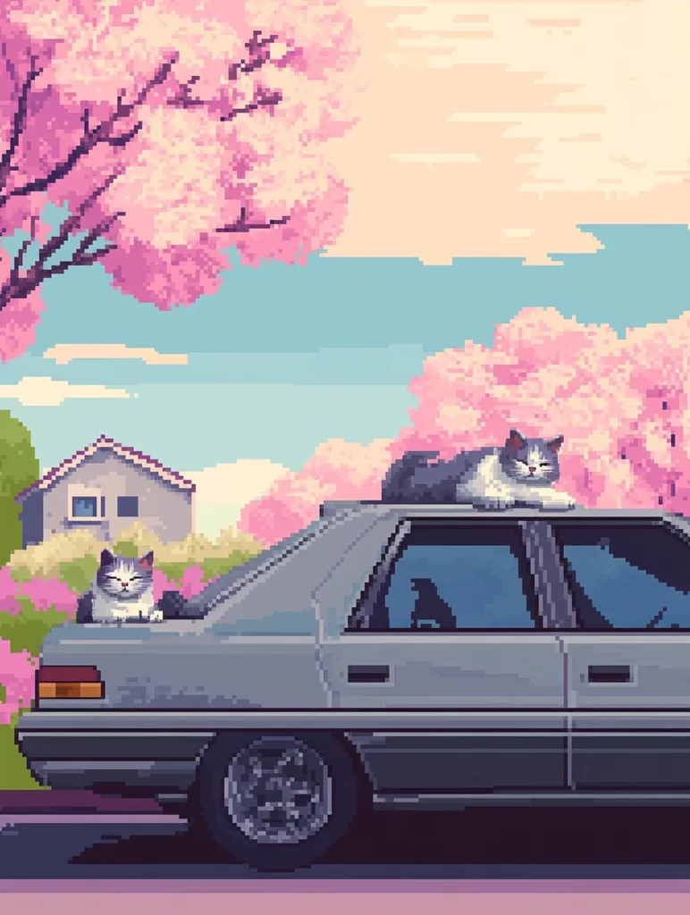 A pixel art image depicts a serene spring scene. Two grey cats relax on the back of a vintage silver sedan, parked amidst blossoming pink cherry trees.  A quaint house and lush greenery complete the idyllic background, bathed in soft pastel sunlight. The overall style is reminiscent of 8-bit video game graphics, creating a charming and peaceful atmosphere.