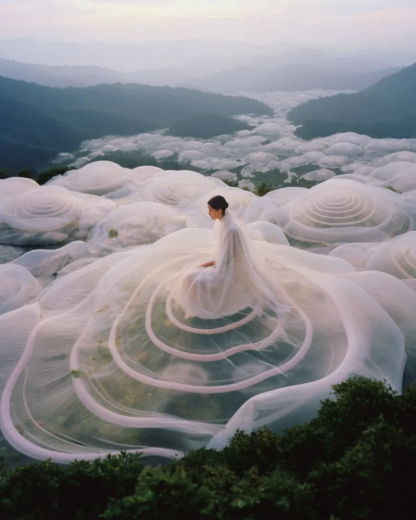 A woman in a flowing white gown sits atop a landscape of large, translucent, bubble-like structures.  The structures resemble inflated plastic, creating a surreal and dreamlike scene.  The background reveals a misty valley and rolling hills, adding to the ethereal atmosphere of the photograph.  The overall effect is one of delicate beauty and otherworldly charm.