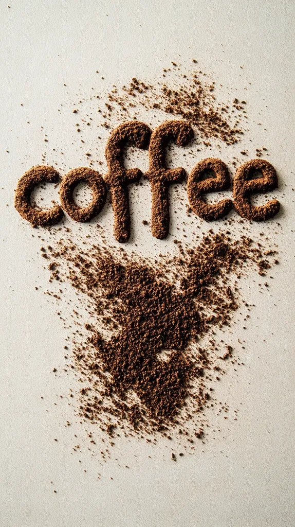 The word "coffee" is spelled out in dark brown coffee grounds against a light beige background.  The grounds are loosely packed, giving a slightly textured appearance to the letters.  A scattering of loose coffee grounds surrounds the word, creating a visually appealing, slightly messy effect. The image is a simple yet effective representation of the coffee bean.