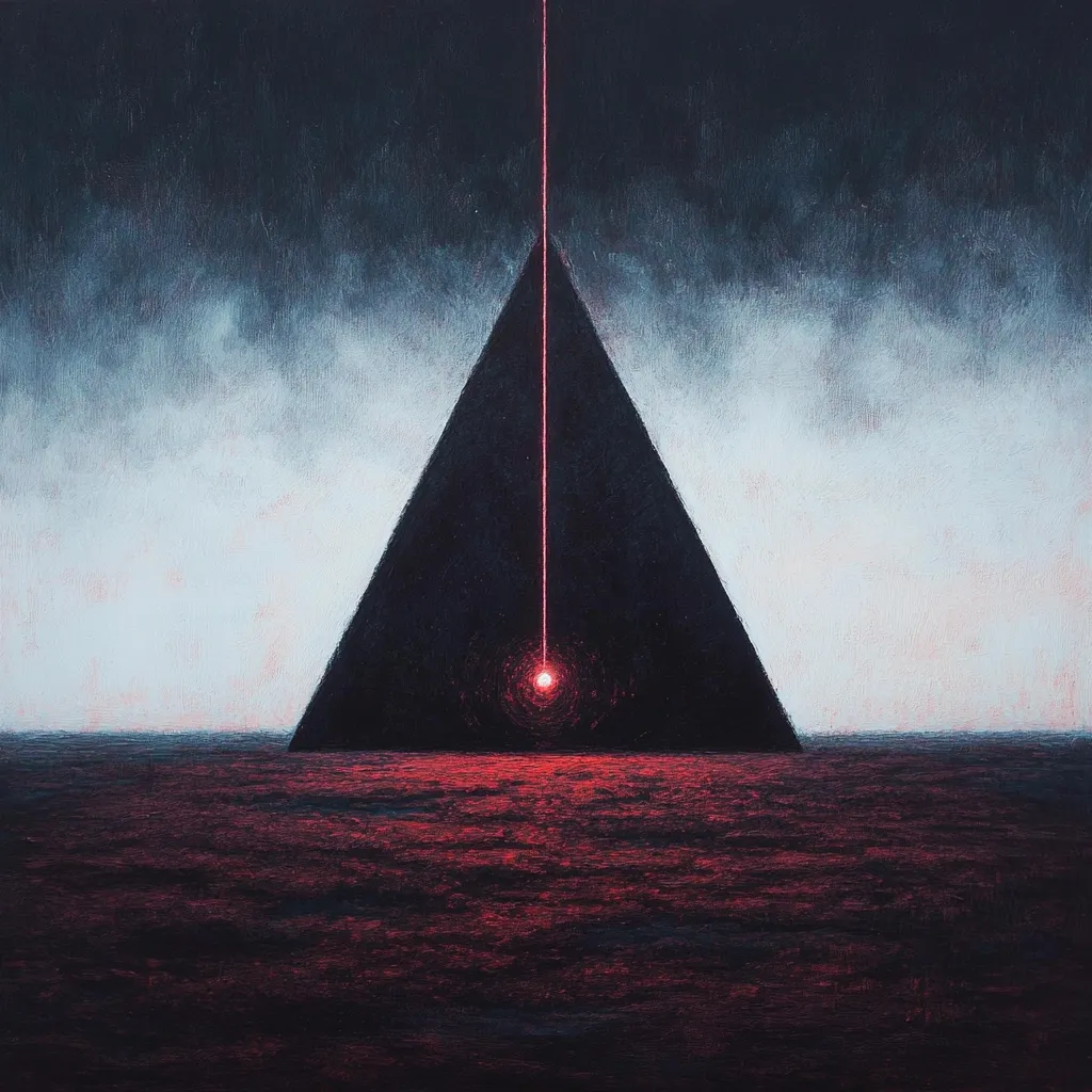 A dark triangular structure rises from a crimson sea under a brooding sky.  A thin, red beam of light descends from above, piercing the pyramid's apex and illuminating a small, glowing circle at its base. The overall mood is mysterious and somewhat ominous, hinting at hidden power or a significant event. The textured surface suggests a painting or digital artwork with a painterly style.