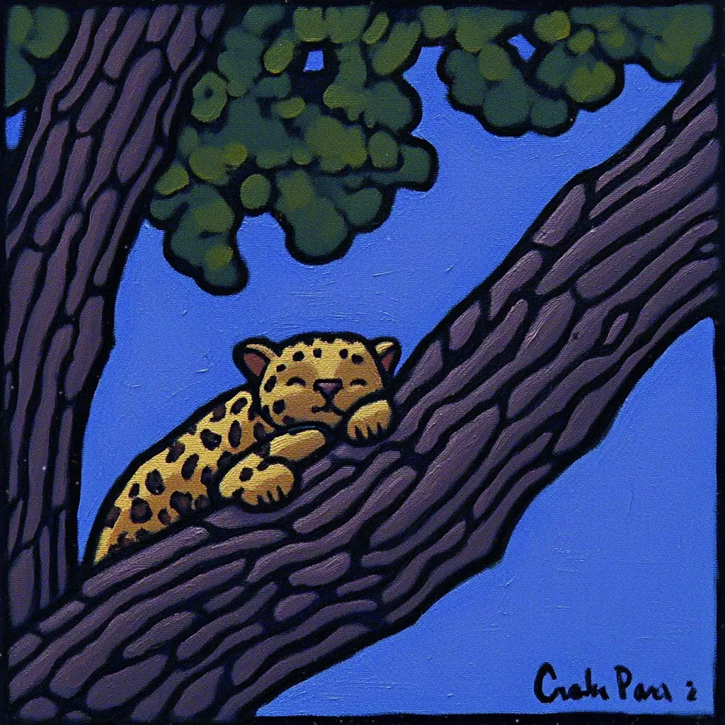 A stylized painting depicts a jaguar cub napping peacefully on a thick tree branch against a vibrant blue sky. The cub's spotted coat and relaxed posture are rendered in bold colors and simple lines.  The tree, with its textured bark, dominates the composition, creating a strong diagonal line. The overall style is naive and charming.