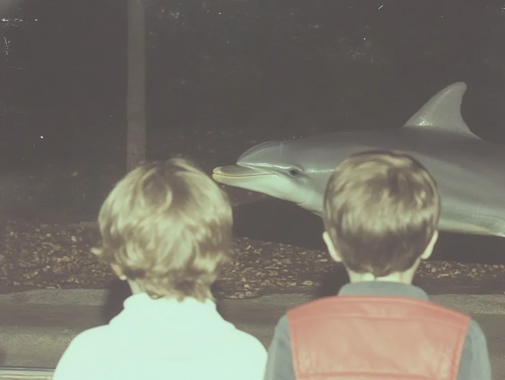 Two children with their backs to the camera are watching a dolphin in a tank.  The dolphin is large and gray, swimming close to the glass. The children's blonde and brown hair is visible, and one wears a red vest. The setting appears to be a dimly lit aquarium or marine park at night. The image has a nostalgic, slightly grainy quality.