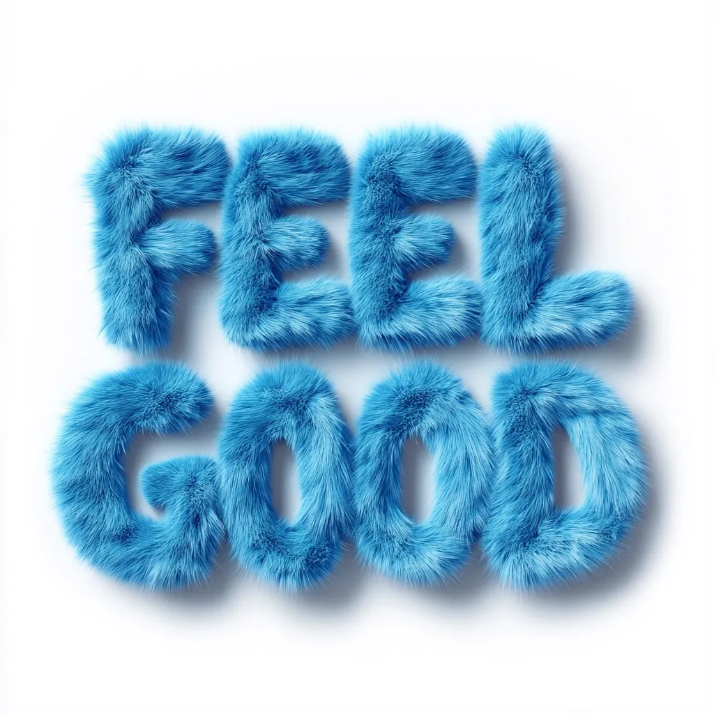 The words "FEEL GOOD" are depicted in fluffy, light blue fur.  Each letter is formed from the textured material, creating a soft and visually appealing effect against a clean white background. The image evokes a feeling of comfort and well-being, associating the phrase with a tactile and pleasant sensation.