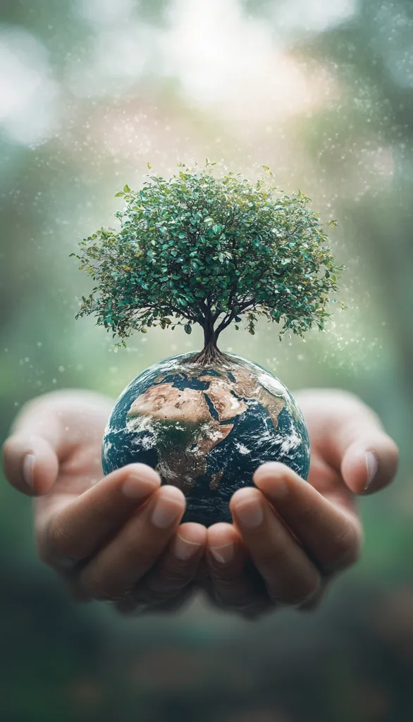 A lush green tree sprouts from a miniature Earth held gently in cupped hands.  The image evokes a sense of environmental responsibility and the importance of protecting our planet.  Soft lighting and a blurred background create a peaceful, ethereal atmosphere, emphasizing the delicate balance of nature.  The scene visually represents the interconnectedness of life and the need for conservation.