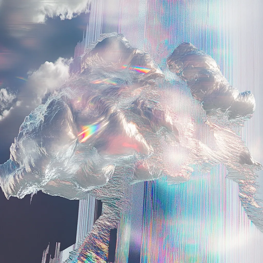 An abstract digital artwork depicting a cloud-like formation rendered in iridescent, metallic hues.  The form is distorted and glitched, with vertical streaks of color suggesting digital interference or a visual malfunction.  The background hints at a sky, creating a surreal and ethereal atmosphere. The overall effect is dreamlike and visually captivating.