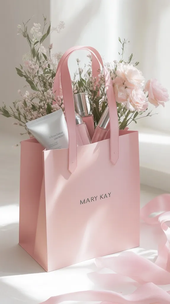 A pale pink Mary Kay shopping bag holds a bouquet of light pink and white flowers.  Inside, nestled amongst the blooms, are several Mary Kay skincare and cosmetic products, including a tube of cream and spray bottles.  The overall aesthetic is delicate and feminine, with soft lighting enhancing the pastel tones. The image evokes a feeling of luxury and pampering.
