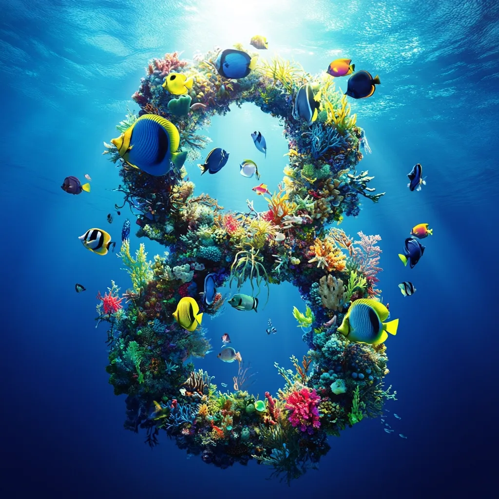 A vibrant coral reef shaped like the number eight is teeming with colorful fish.  The underwater scene is bathed in sunlight, highlighting the diverse marine life.  Various species of angelfish, butterfly fish, and other tropical fish swim around the coral structure.  The image evokes a sense of beauty and the richness of underwater ecosystems.
