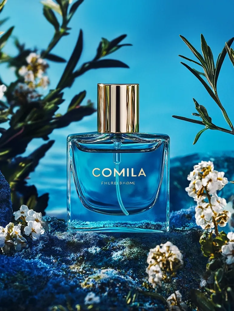 A bottle of COMILA PHEREIDAOME perfume sits on a dark blue, textured surface.  The perfume bottle is rectangular with a gold cap and clear, light blue liquid. Delicate white flowers and green foliage frame the bottle, creating a serene, natural aesthetic against a vibrant blue backdrop. The overall image evokes a sense of calmness and freshness.
