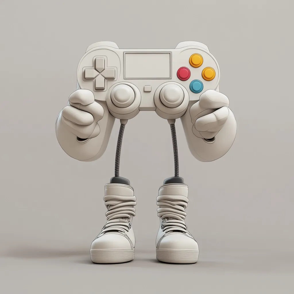 A whimsical 3D rendering depicts a video game controller with cartoonish arms and legs.  The controller is white with colorful buttons, and the character is wearing white high-top sneakers. The figure is posed standing, hands gripping the controller, against a neutral gray background.  The style is playful and slightly surreal.