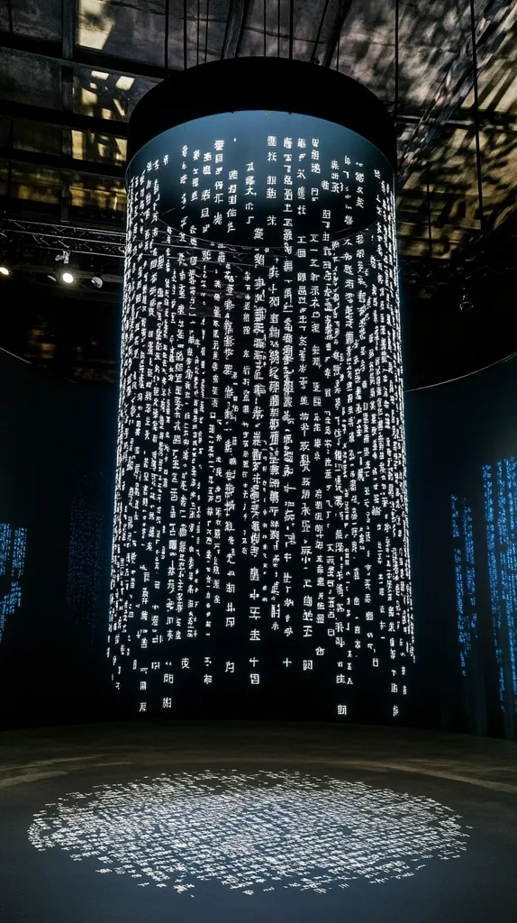 A large cylindrical structure displays illuminated Chinese characters, densely packed from top to bottom.  The text wraps around the cylinder, creating a visually striking effect.  The floor below also reflects the same text, mirroring the information on the central column. The setting appears dark and modern, emphasizing the textual display.