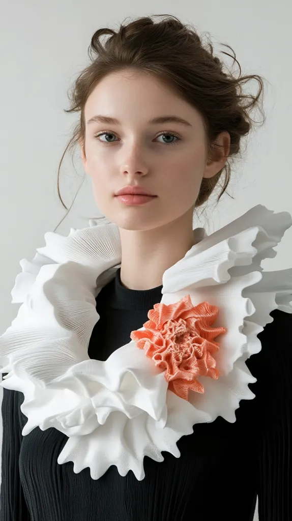 A young woman with brown hair styled in an updo wears a black turtleneck sweater adorned with a large, white, ruffled collar.  A smaller, coral-colored flower-like detail is centered on the collar. The woman's makeup is minimal, highlighting her clear complexion and delicate features.  The overall aesthetic is modern and elegant.