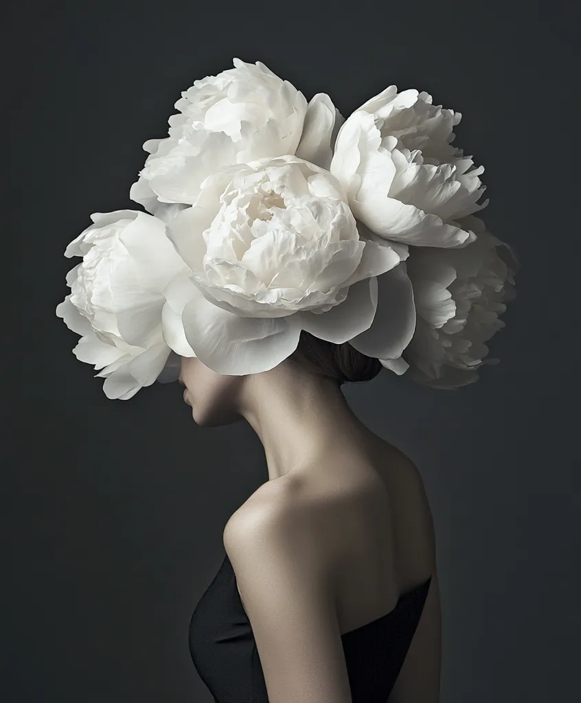 A woman's face is obscured by a magnificent arrangement of large, white peonies, creating a striking contrast against her bare shoulders and simple black dress.  The monochromatic palette and elegant composition evoke a sense of serene beauty and artistic sophistication. The image is a study in texture, form, and the delicate balance between nature and human form.