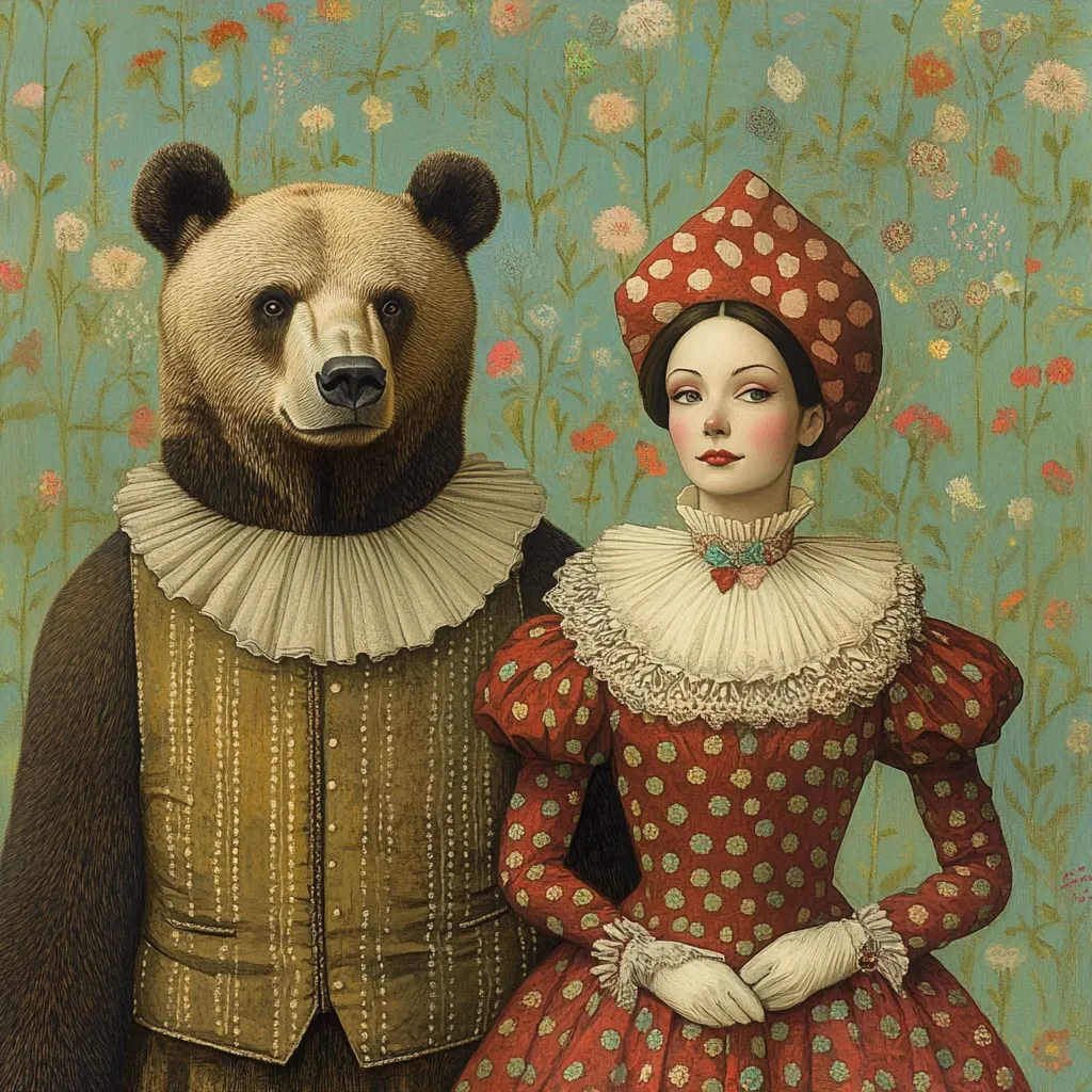 A stylized portrait depicts a bear and a woman in 17th-century attire against a floral backdrop. The bear, wearing a waistcoat and ruffled collar, stands beside the woman, who is dressed in a red polka-dot gown with a large, white lace collar and a matching red hat.  The painting's style is reminiscent of classical portraiture, with a focus on detail and rich colors. The overall impression is one of whimsical elegance and a touch of surrealism.