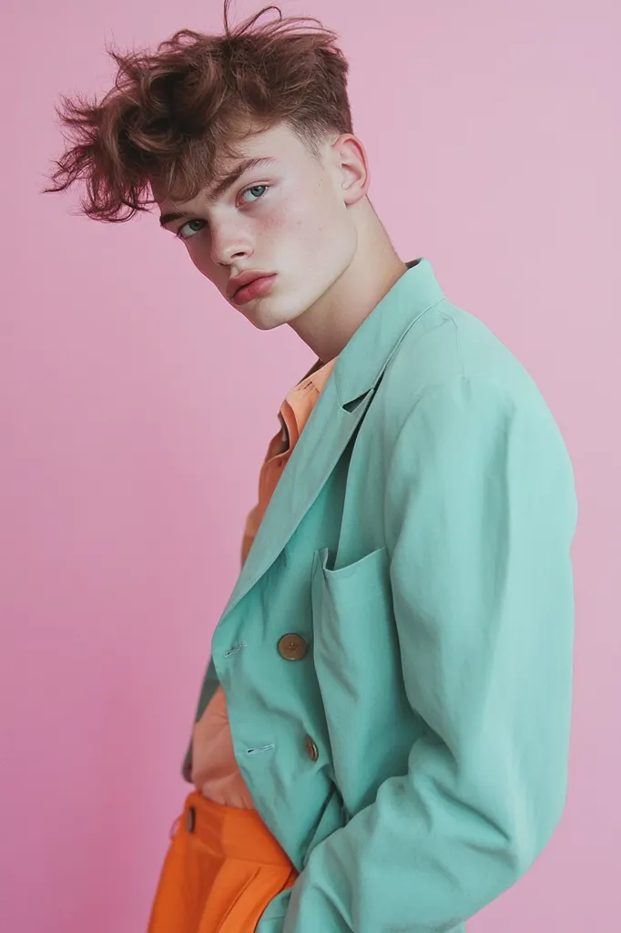 A young man with styled, tousled brown hair poses against a pink backdrop. He's wearing a light teal double-breasted blazer over an orange shirt and matching trousers.  The image has a vibrant, fashion-forward aesthetic, highlighting the model's features and the color contrast of his outfit. His expression is serious and slightly aloof.