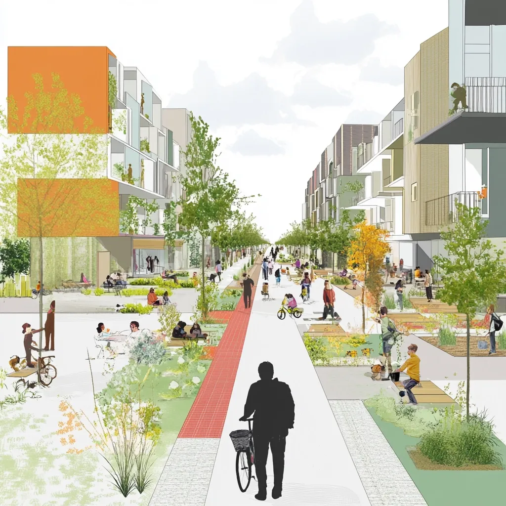 An illustration depicts a vibrant, pedestrian-friendly street lined with low-rise buildings.  Trees and landscaping create a green corridor, with people relaxing, cycling, and socializing.  The design emphasizes community interaction and a blend of residential and public spaces.  A red brick pathway acts as a central pedestrian route, creating a welcoming and lively atmosphere.  The architectural style appears modern and sustainable.