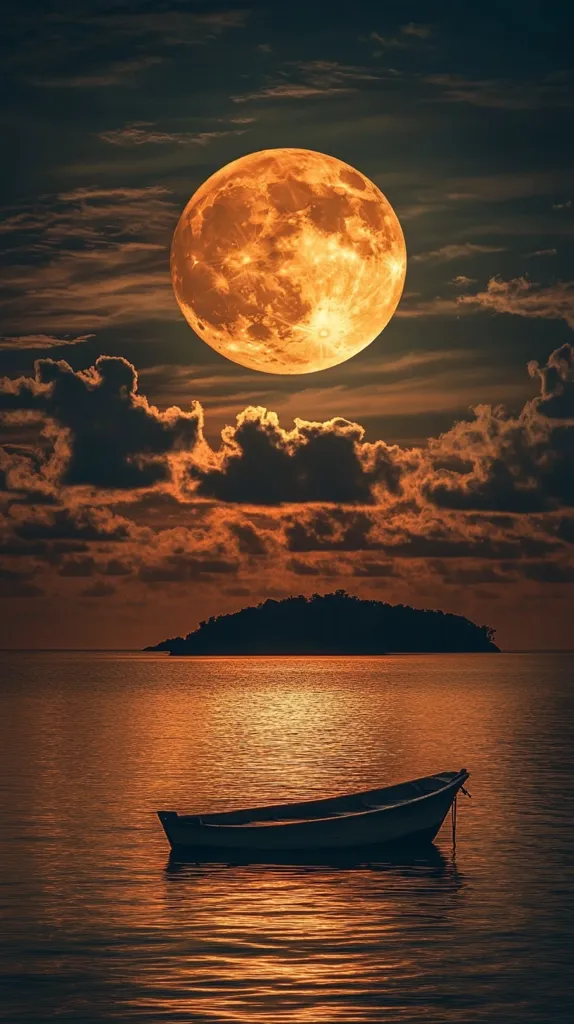 A large, orange-hued moon dominates the night sky, casting a warm glow on the tranquil ocean.  Dark clouds partially obscure the moon, adding depth to the scene. A small boat rests serenely on the calm water, in front of a distant, silhouetted island. The overall atmosphere is serene and peaceful, evoking a sense of mystery and tranquility.