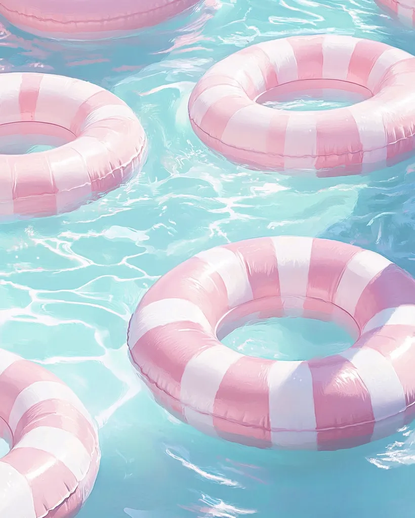 Pastel pink and white striped inflatable inner tubes float serenely in a calm, light blue pool.  The water is clear and gently rippling. The scene evokes a feeling of summer relaxation and carefree fun.  Several tubes are partially visible, suggesting a tranquil and idyllic swimming setting.
