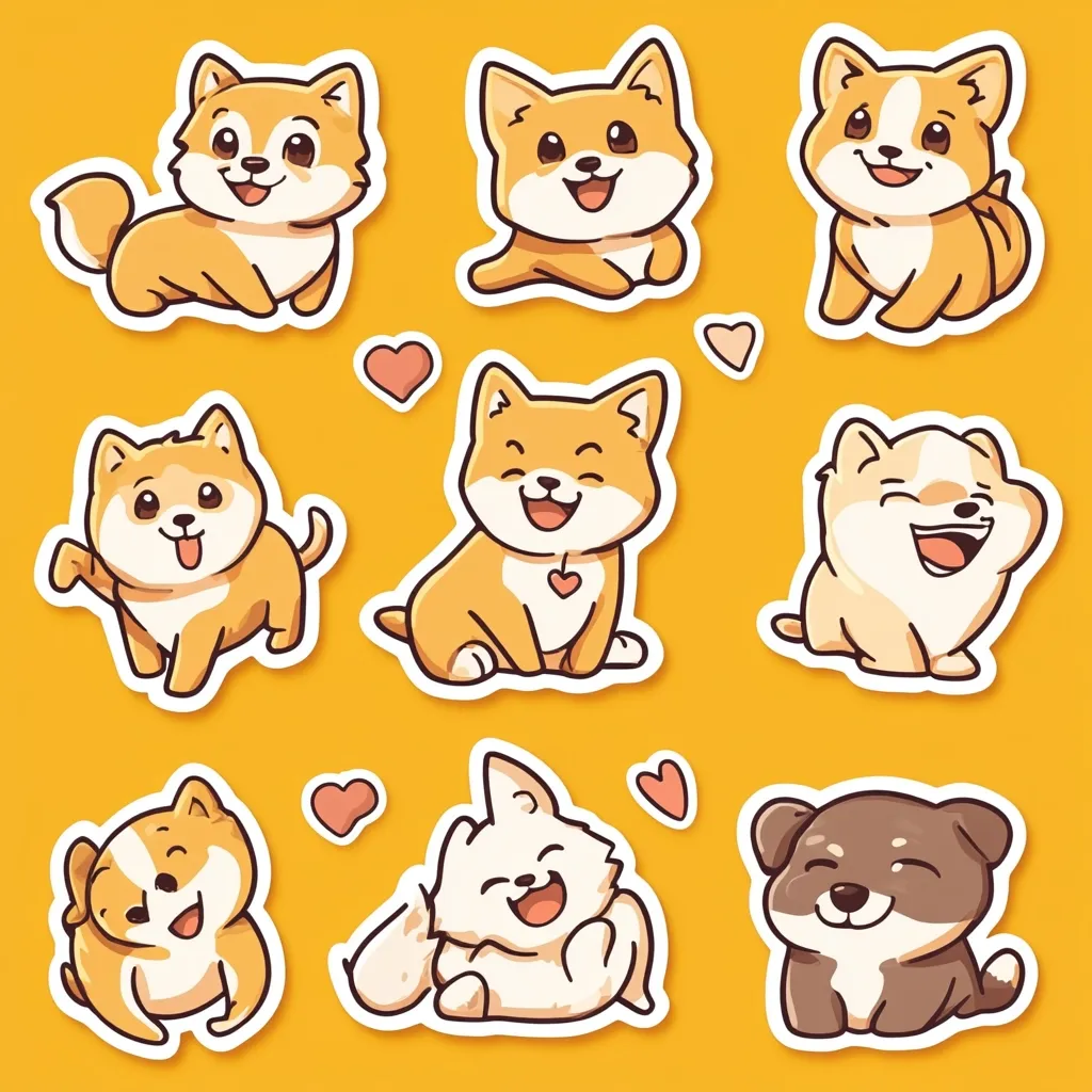 Nine adorable cartoon puppies in various poses adorn a mustard-yellow background.  Each puppy features large, expressive eyes and a cheerful expression.  They are depicted in a range of light brown and cream colors, with some shown sitting, lying down, and playfully interacting.  Small hearts are scattered amongst the images, enhancing their cute and playful appeal.