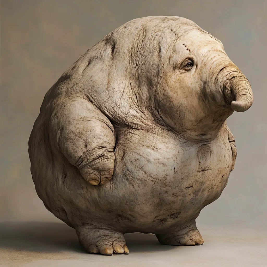 A digitally rendered image showcases a fantastical creature.  Its body is rotund and pale, resembling wrinkled, aged skin.  Short, stubby limbs support its massive form.  A small, trunk-like appendage protrudes from its face, which has a melancholic expression. The overall style suggests a blend of realism and fantasy, creating an intriguing and somewhat unsettling image.