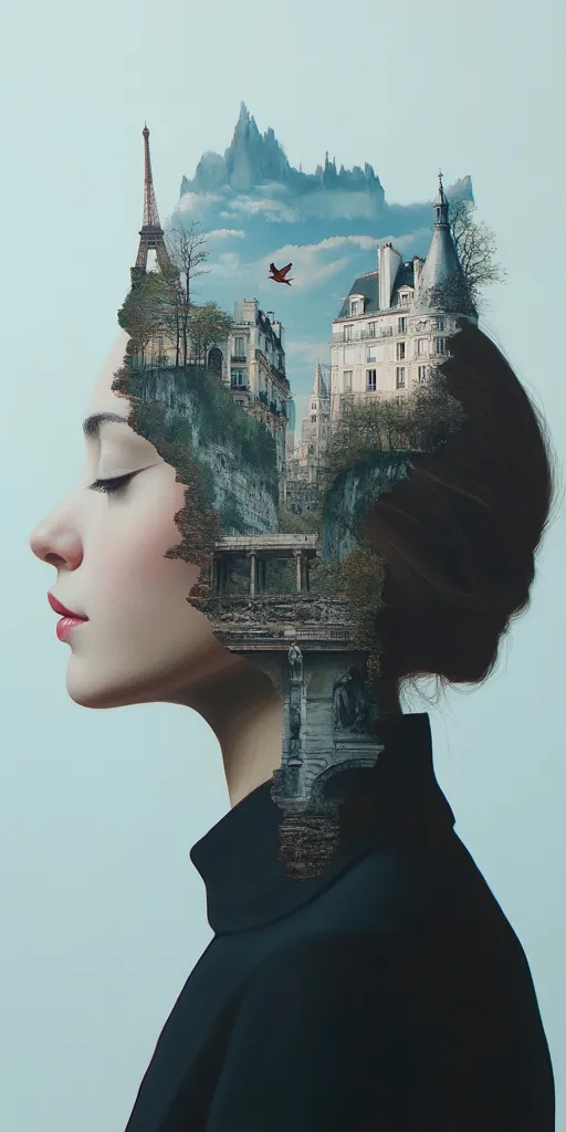 A woman's profile is superimposed with a cityscape, blending her features with iconic Parisian architecture, including the Eiffel Tower and classical buildings.  Mountains and a bird in flight add depth to the surreal scene. The image is a striking visual metaphor, perhaps representing dreams, memories, or inner worlds.  The woman's dark clothing contrasts with the lighter tones of the cityscape.