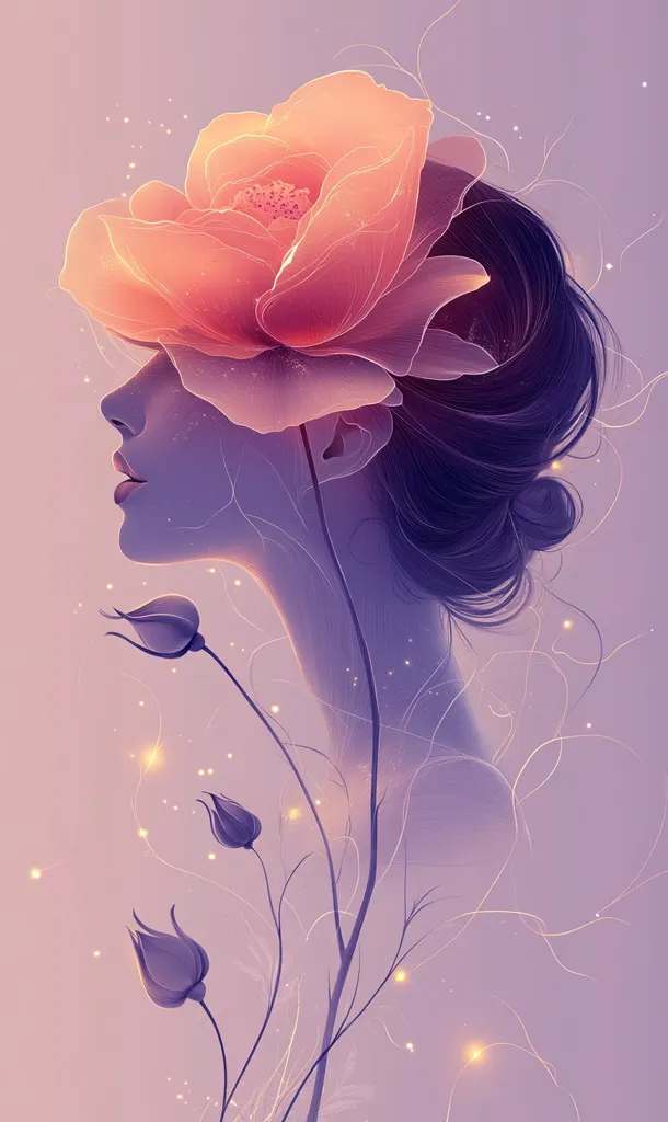 A dreamy illustration depicts a woman's profile, her dark hair styled up, partially obscured by a large, translucent peach-colored flower.  The style is soft and ethereal, with delicate lines and a muted pastel palette.  Subtle glowing lights and slender, purple flower stems add to the magical, almost otherworldly, atmosphere. The overall impression is one of serene beauty and feminine grace.