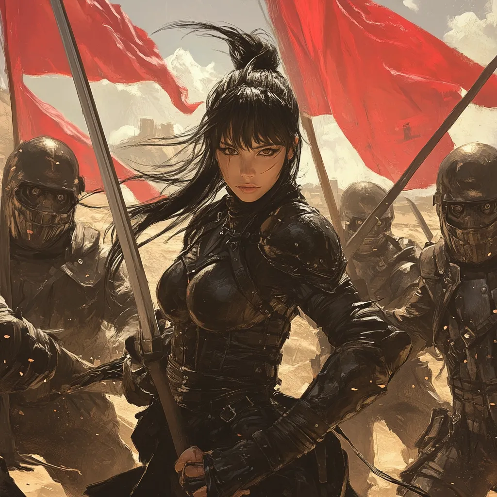 A female warrior, clad in dark armor, stands defiantly at the forefront of a group of soldiers.  Her long black hair whips in the wind as she grips two swords.  Crimson flags billow behind them, adding to the dramatic desert landscape.  The soldiers wear futuristic, armored helmets, their faces obscured. The scene is one of intense action and impending conflict.