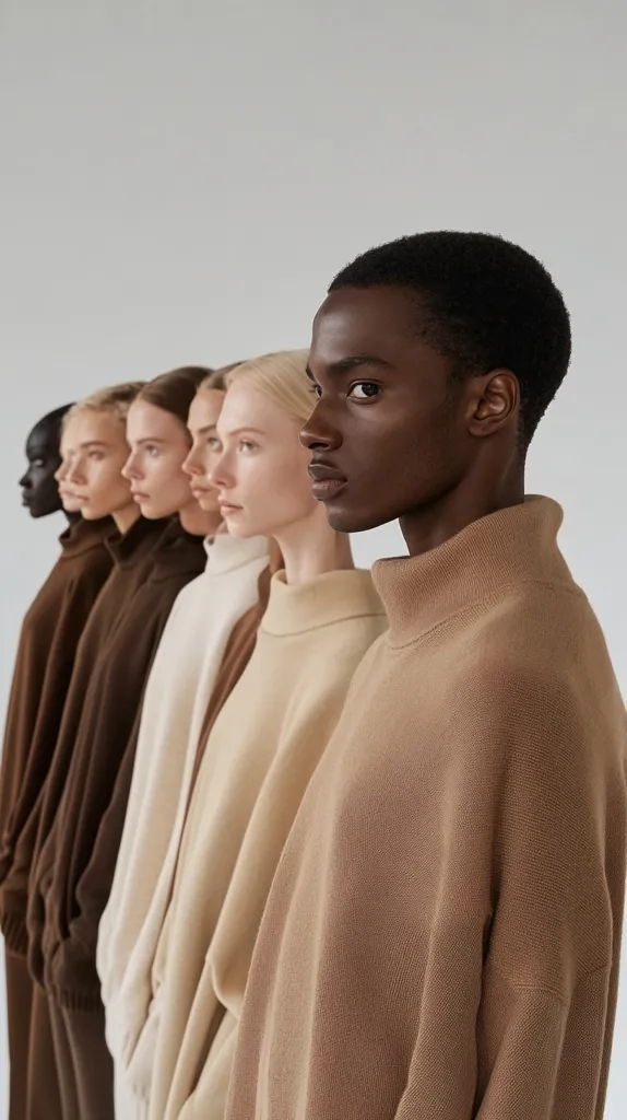 Five women and one man stand in a row, their profiles visible.  They wear turtleneck sweaters in varying shades of brown and beige, creating a gradient effect. The clothing appears to be knitwear. The individuals are of diverse ethnicities, showcasing a range of skin tones. The background is a plain light grey, drawing focus to the subjects and their apparel.